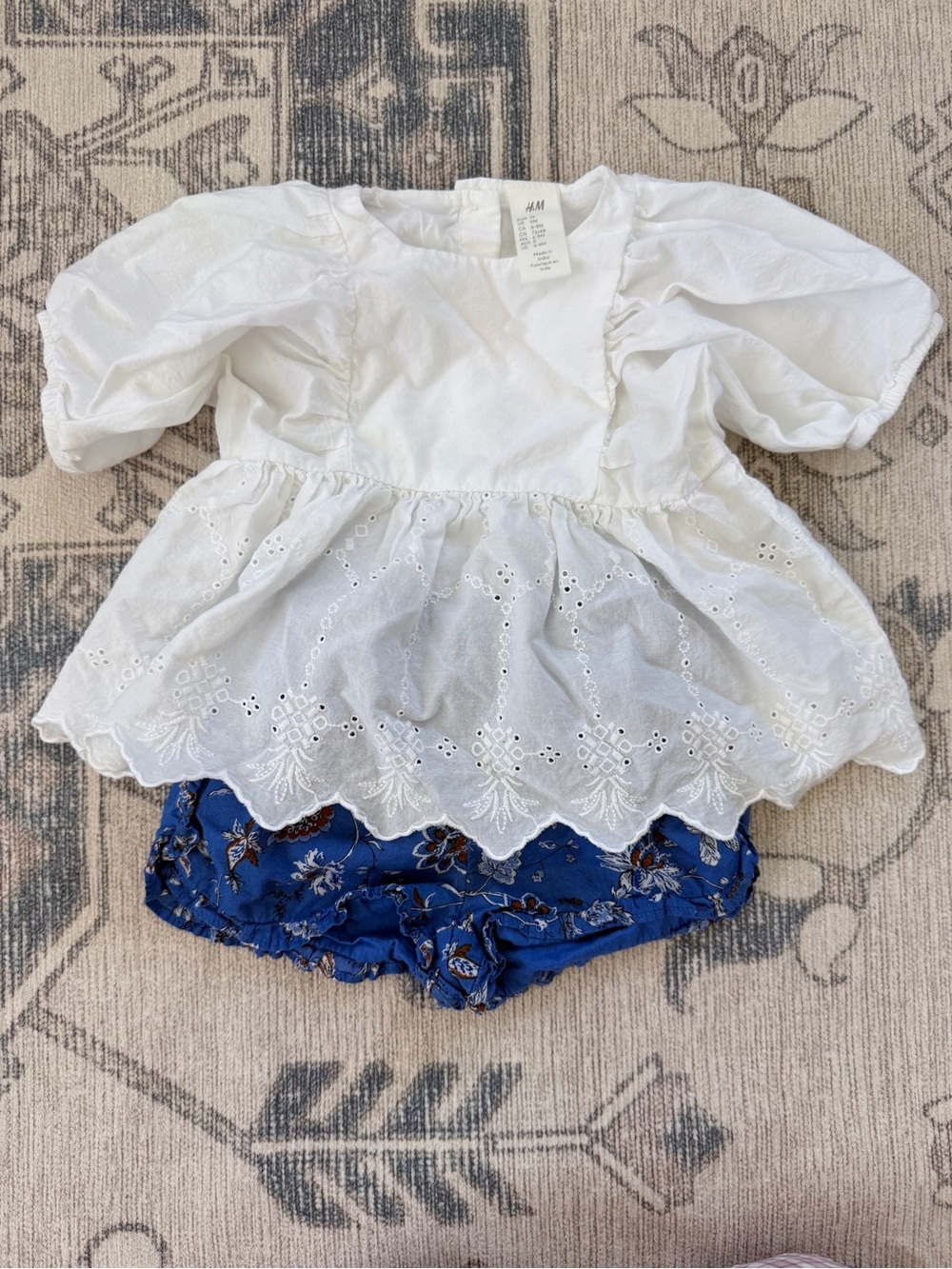 H&M White Eyelet Peplum Top with Blue Floral Bloomers